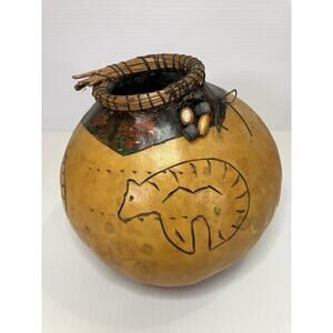 Native American Gourd Pine Needle Basket Seed Pot Hand Painted Wood Burned